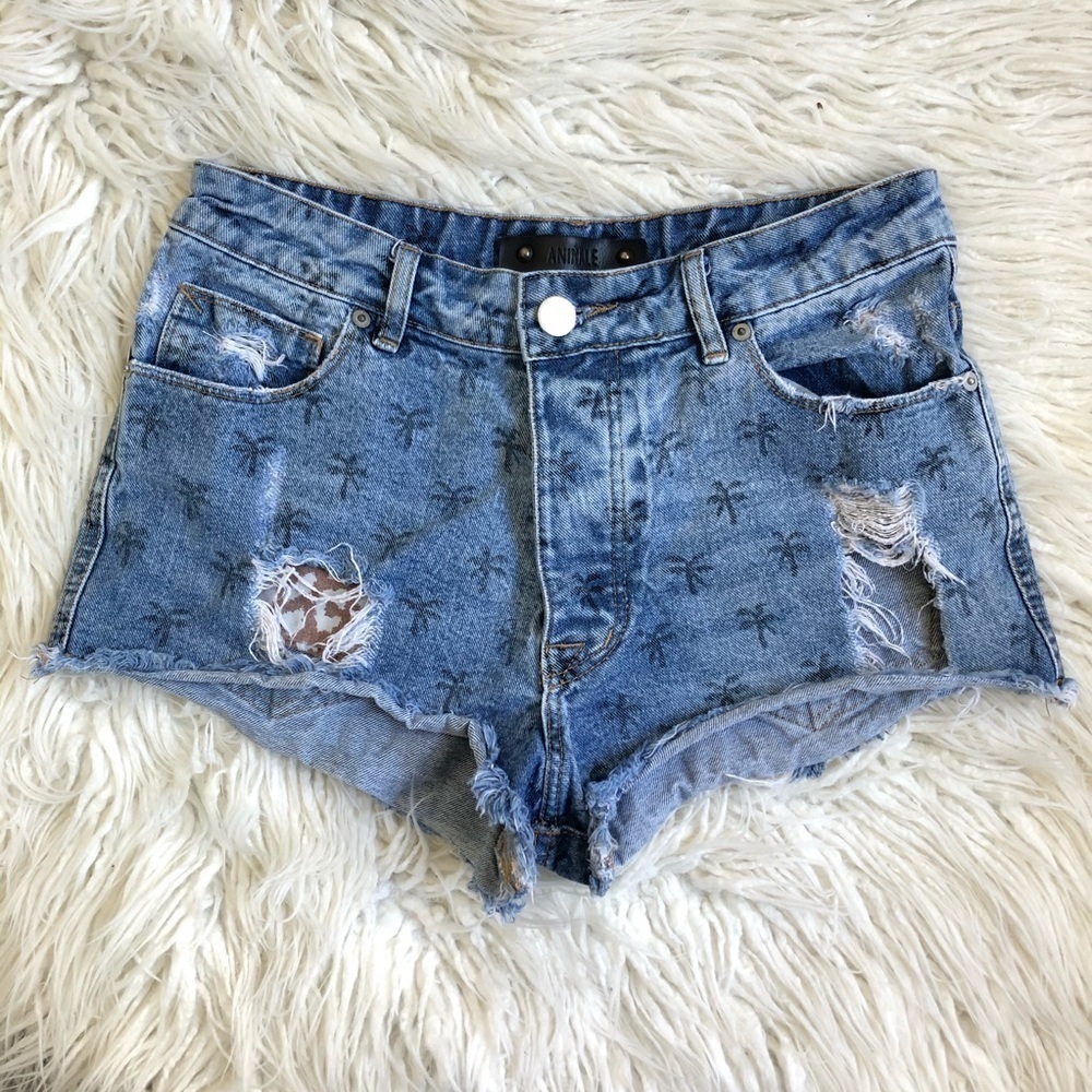 REVOLVE Animale Palm Tree Print Denim Distressed Cut Off Jean Shorts Size Small